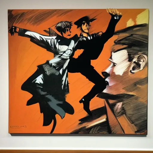 Prompt: corto maltese in jojo pose dreams about tango and valparaiso, oil on canvas by dave mckean and yoji shinkawa