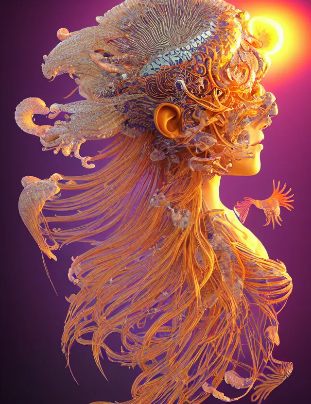 Image similar to 3 d goddess close - up profile portrait with ram skull. beautiful intricately detailed japanese crow jellyfish phoenix, bio luminescent, plasma kitsune mask and clasical japanese kimono. betta fish, jellyfish phoenix, bio luminescent, plasma, ice, water, wind, creature, artwork by tooth wu and wlop and beeple and greg rutkowski