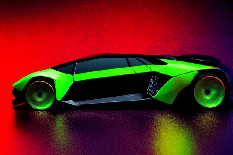 Prompt: closeup!! isometric macro photo of concept lamborghini futuristic super car on a reflective black floor, synthwave, tron, hyper detailed, smooth, high contrast, volumetric lighting, golden ratio, octane, jim lee, giorgetto giugiaro, craig mullins, chris bangle, ian callum!, vibrant rich deep color