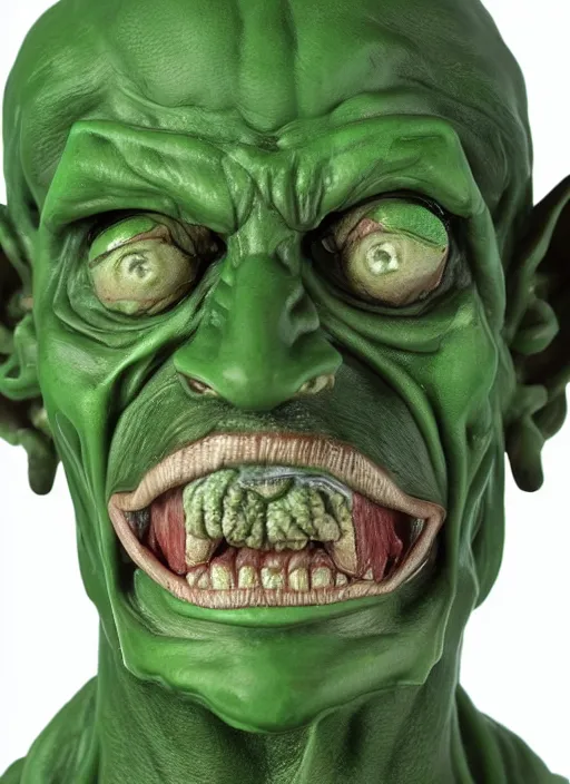 Image similar to a bust sculpture of anatomical detailed goblin, nicolas maduro, green blood, become human, ceramic base, orthographic, studio lighting