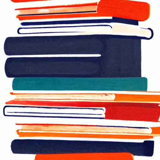 Image similar to illustration of a stack of books. navy and red-orange hues.