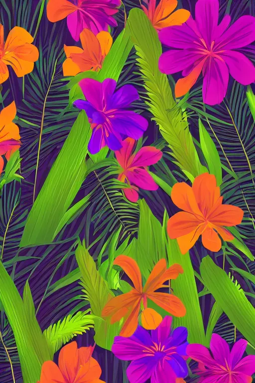 Prompt: dark moody vector illustration of tropical flowers and green reeds, multiple cohesive colors ranging from warms purples to bright oranges on a ((very dark background)), 4K resolution, trending on artstation, hd wallpaper