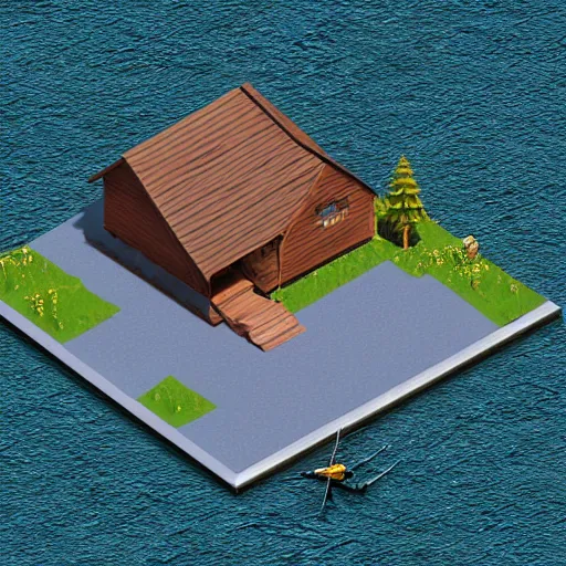 Image similar to isometric photoreal cabin in the woods in the middle of tge ocean, dnd 3 d map