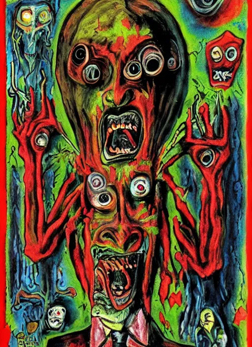 Image similar to a horror mad portrait of extraterrestrial art brut by a psycho man, full color outsider crazy marginal art