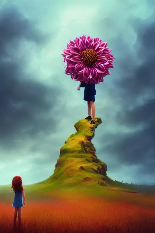 Image similar to perspective giant dahlia flower as head, girl standing on mountain, surreal photography, blue storm clouds, dramatic light, impressionist painting, digital painting, artstation, simon stalenhag