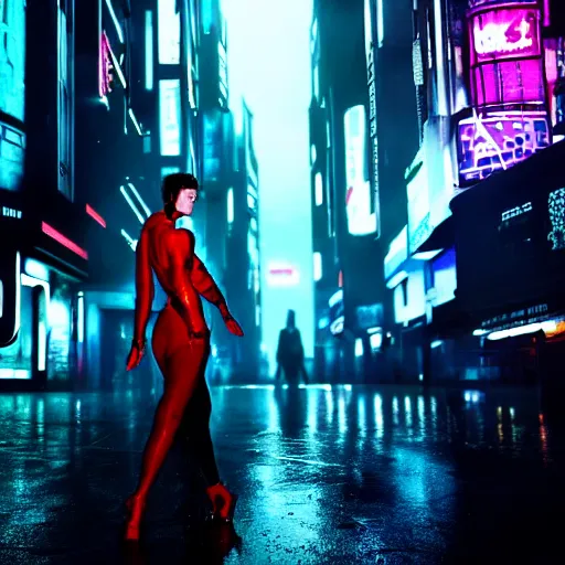 Image similar to jennifer connely starring in a cyberpunk movie in a distopic futuristic city in the style of bladerunner, movie still, highly detailed, rainy night, volumetric lights, dramatic, scifi