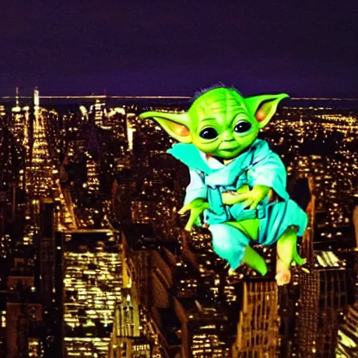 Image similar to baby yoda skydiving onto new York city at night