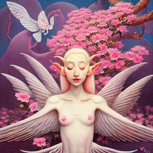 Image similar to a beautiful pale elf with wings bursting from her back, pink, flower blossoms, hyper detailed, kawaii, by jacek yerka, lewandowski, hopper and gilleard, ryden, wolfgang lettl, hints of yayoi kasuma