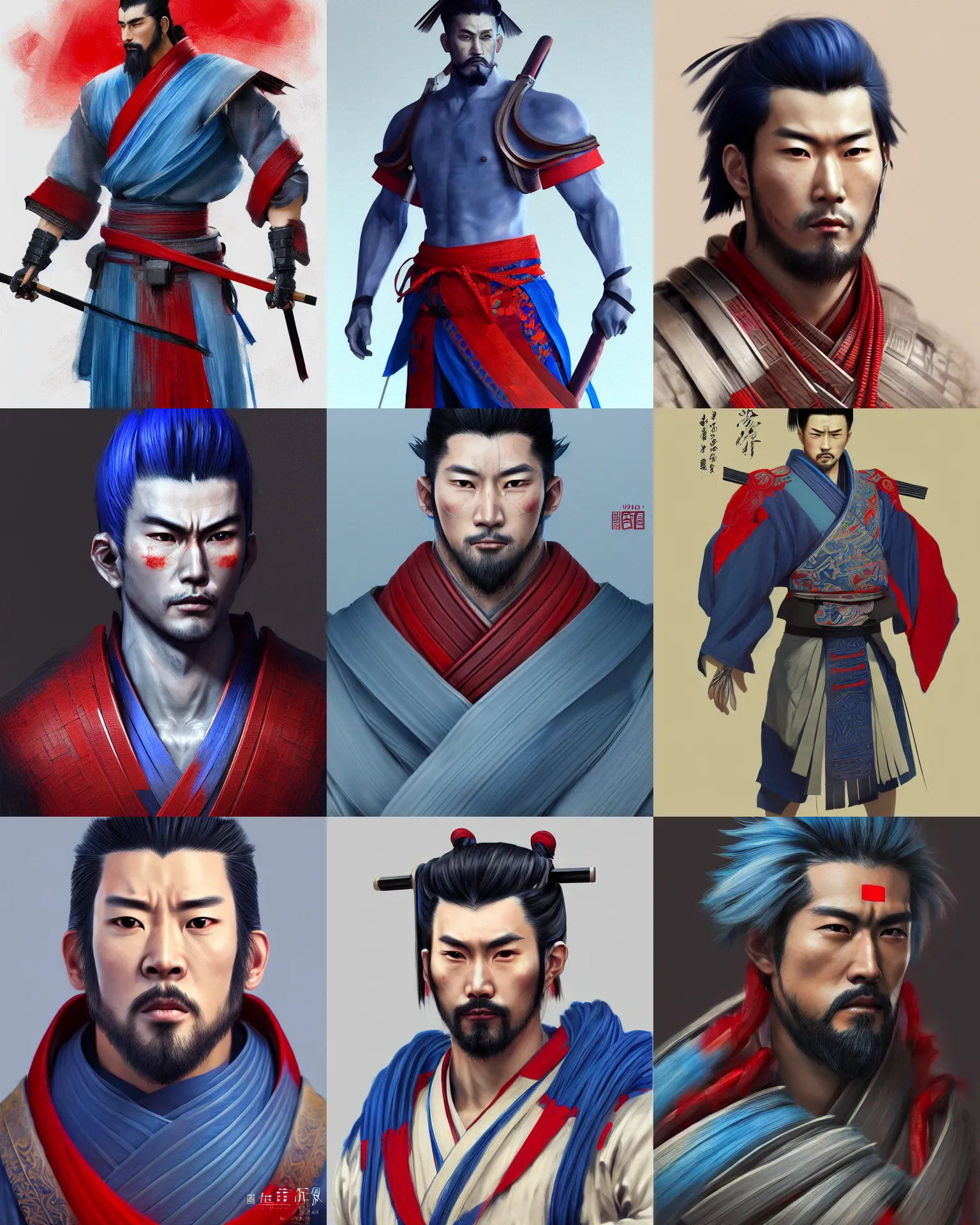 Prompt: full length portrait of a handsome and muscular japanese ronin, square masculine facial features, short messy hair, wearing a haori, by wlop, extremely detailed shading, blue and red color palette, concept art, digital painting, trending on artstation, unreal engine 5, octane render, ray tracing, cinematic, vibrant colors