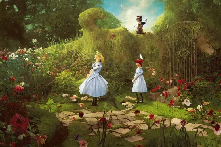 Image similar to alice in wonderland in the garden, john tenniel, normal rockwell, craig mullins, david curtis, carl spitzweg, morgan weistling, chris foss