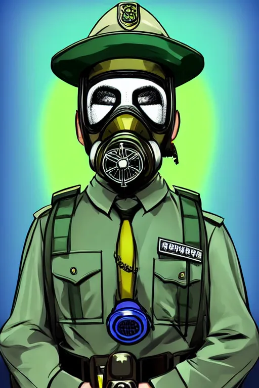 Prompt: cops member departement using gas mask, with blue and green blouse, high member use army hats. digital art, concept art, pop art, bioshock art style, accurate, detailed, gta chinatown art style, dynamic, face features, body features, ultra realistic, smooth, sharp focus, art by richard hamilton and mimmo rottela