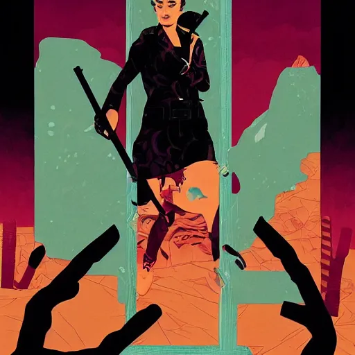 Prompt: a comic noir illustration of a woman hunting zombies in a post - apocalyptic desert, by queens of the stone age, by sachin teng, by tristan eaton, by victo ngai, artgerm, rhads, ross draws, 8 k, hyperrealistic, high contrast, dark vibes, pastel lighting, depth of field