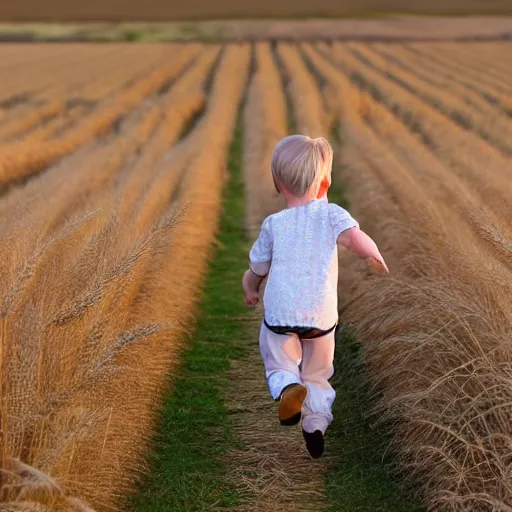 Prompt: an art photograph showing a blond toddler seen from the back, running in a wheat field in the warm sunset light