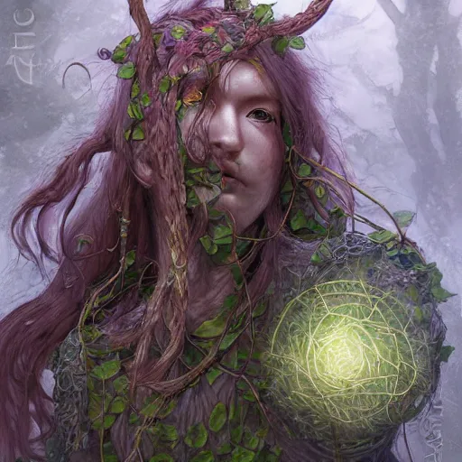 Prompt: a firbolg druid with vines for hair, fantasy, dungeons and dragons, an ultrafine detailed painting by ayami kojima, cgsociety, fantasy, anime digital art, lovecraftian, cosmic horror, detailed painting