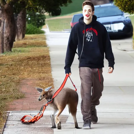 Prompt: Pete Davidson!!! walking a kangaroo, photo