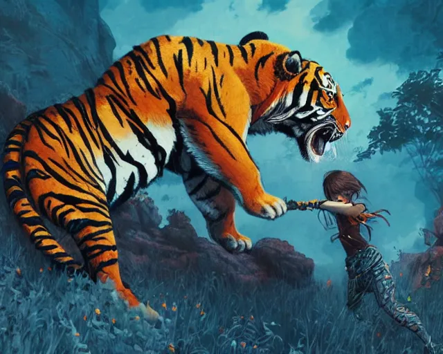 Image similar to a girl fighting a tiger, full shot, ambient lighting, detailed, art by ayami kojima, makoto shinkai, kilian eng