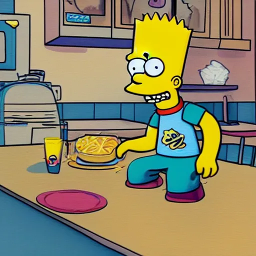 Prompt: Bart Simpson surfing the imaginary wave on the kitchen table at breakfast, by ROSS tran, 4k