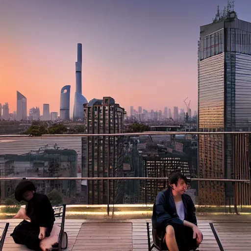 Image similar to a small rooftop with a couple of people sitting and watching the view, wearing black modern clothes, modern shanghai bund is on the background, sunset, by gregory crewdson