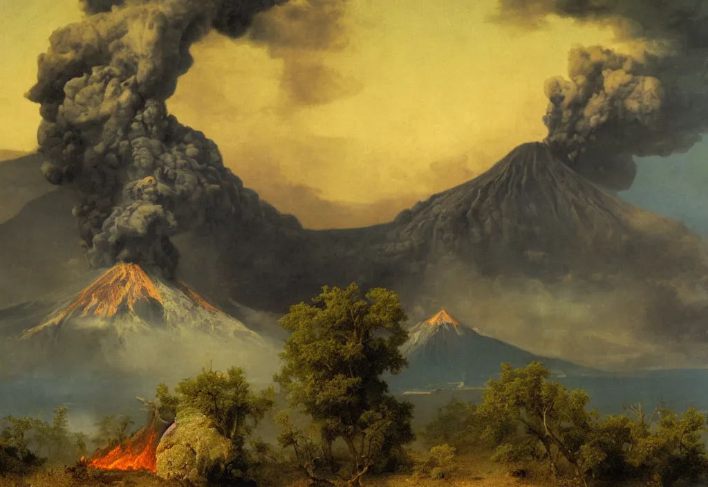 Prompt: a beautiful painting of a volcano oozing lava, pyroclastic clouds forming in the background there are other mountains and a thick forest, there's a lake in the foreground by albert bierstadt, high resolution, excellent contrast, morning