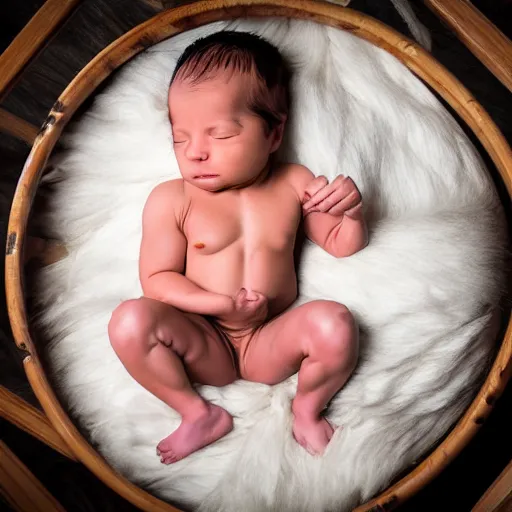 Prompt: extremely muscular bodybuilder newborn little baby in a crib, genetically engineered, rippling muscles, huge veins, bulging muscles, ripped, flexing, intense expression, award winning photography, high detail