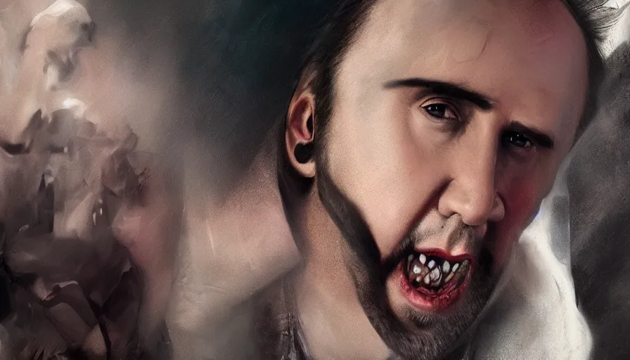 Image similar to nicolas cage is a vampire, hyperdetailed, artstation, cgsociety, 8 k