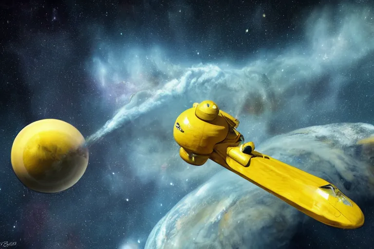 Prompt: A yellow space taxi with nuclear boosters traveling to a nebula, sci-fi art