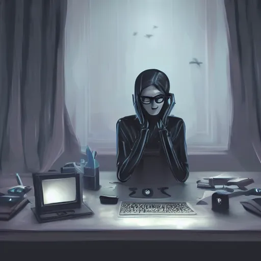 Prompt: skinny goth computer geek sitting in a dark room in front of a computer screen, highly detailed, digital painting, artstation, concept art, soft light, sharp focus, illustration