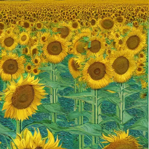 Image similar to field of sunflowers with one standing taller than the rest, in the style of van gogh