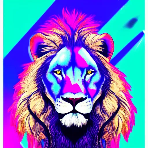 Image similar to A portrait of lion wearing a futuristic helmet in the style of synthwave