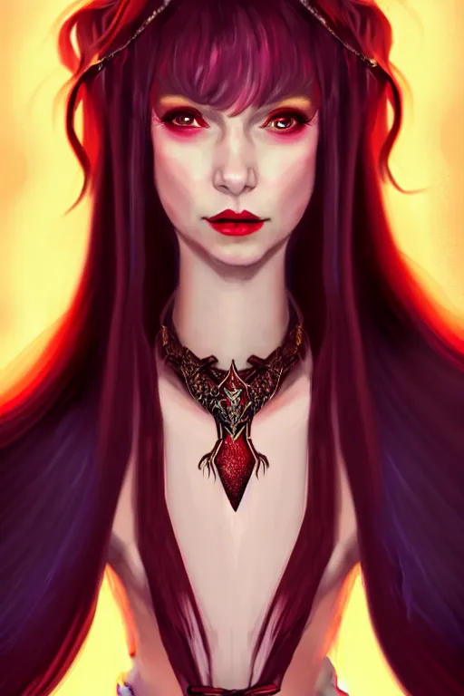 Image similar to a full body portrait of a gorgeous female sorceress, looking at camera, D&D, choker on neck, stylish dress, very long flowing red hair, intricate, elegant, stylish, cute slightly nerdy smile, mouth slightly open, fantasy, extremely detailed, digital painting, artstation, concept art, smooth, sharp focus, illustration, stunning lighting, art by artgerm and greg rutkowski and alphonse mucha and simon stalenhag