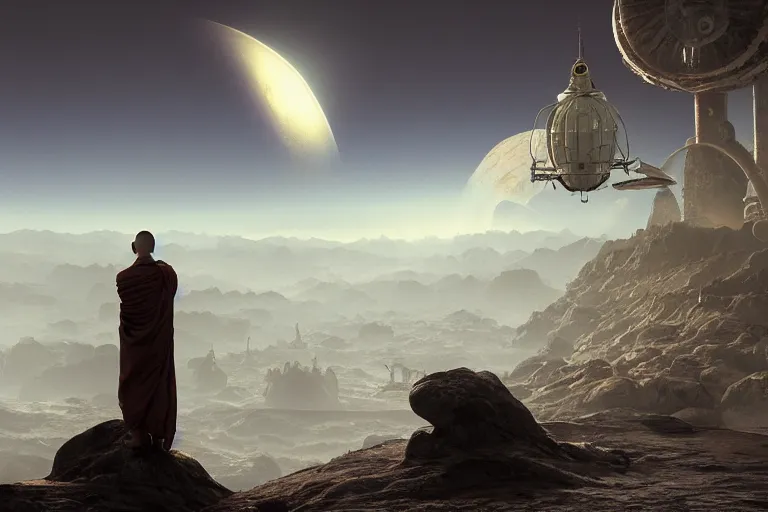Prompt: a monk looking out at an ultrarealistic beautiful moonscape with a massive crashed spacecraft at sunrise, detailed digital matte painting, dark atmosphere, by h. r. giger and alphonse mucha, octane render, cgi