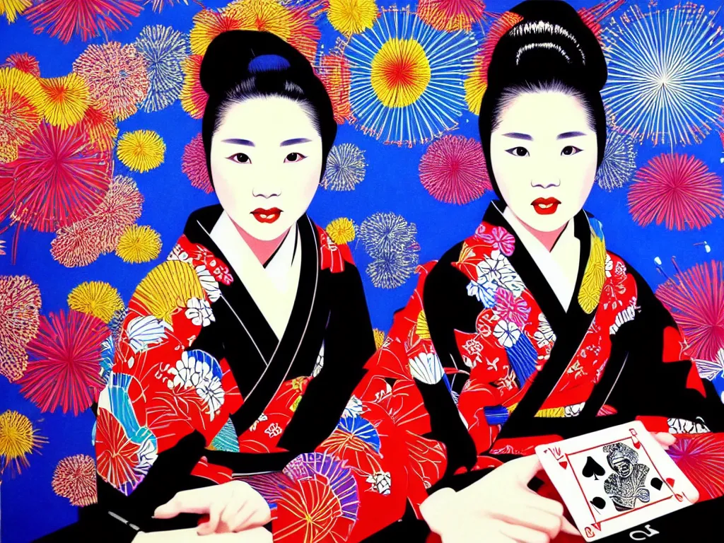 Image similar to hyperrealistic composition of the detailed woman in a japanese kimono sitting at a extremely detailed poker table with detailed darth vader, fireworks, mount fuji on the background, pop - art style, jacky tsai style, andy warhol style, acrylic on canvas