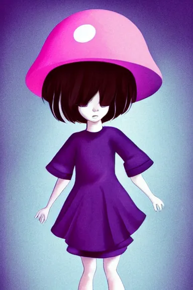 Image similar to a little girl wearing a mushroom hat in dress sitting | | purple hair, pretty face, fine details, digial art by lois van baarle, anatomically correct, perfect composition, symmetrical, fantastic, clean details, anime character