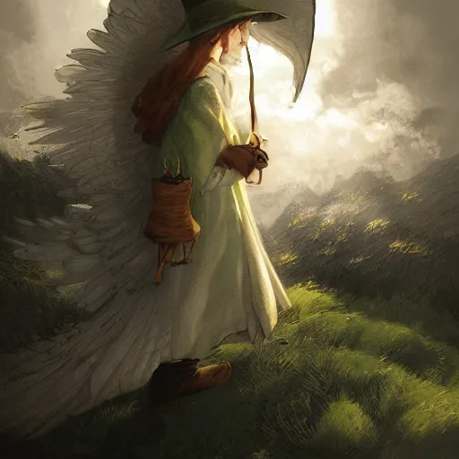 Image similar to snufkin with white angel wings in front of heaven doors, digital illustration portrait design, by android jones and greg rutkowski, retrowave color scheme, detailed, cinematic lighting, wide angle action dynamic portrait