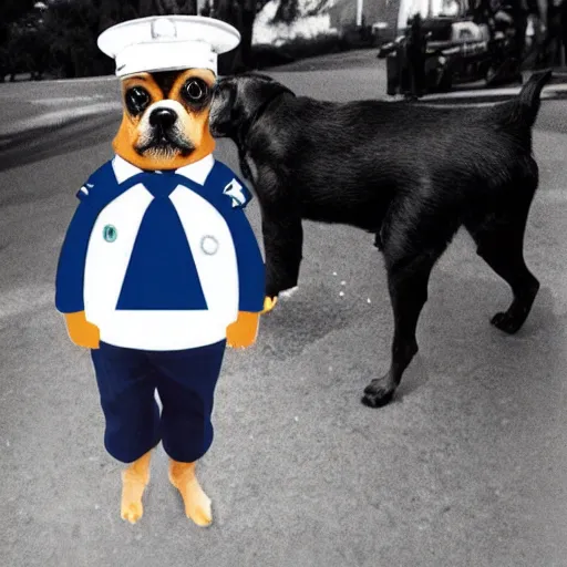 Prompt: A photo of a dog wearing a security guard\'s uniform and cap, 1990