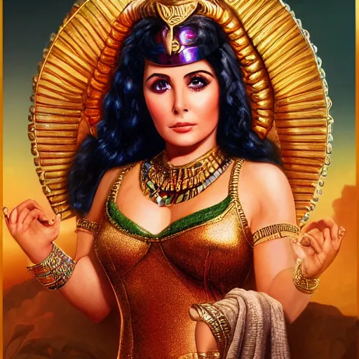 Prompt: a detailed fantasy character portrait of soad hosny as egyptian goddess of cinema by lauri blank, artgerm, evelyn de morgan, 8K, 50mm lens