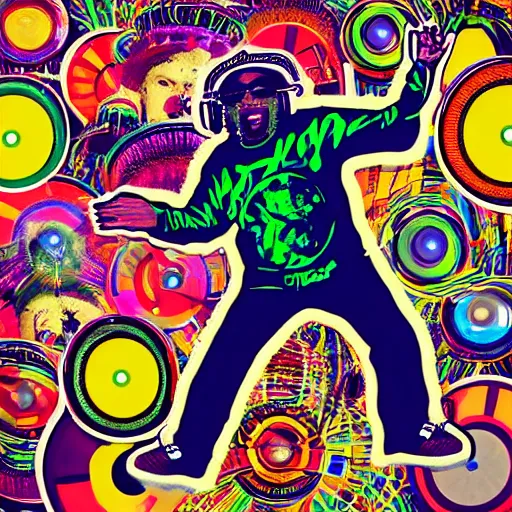 Image similar to svg sticker of a Dancing-Ben-Harper-Snoop-Spike-Lee-with-a-large-Afro-Puff, at a rave, spinning records, giant headphones rocking out, wearing headphones, huge speakers, dancing, rave, DJ, spinning records, digital art, amazing composition, rule-of-thirds, award-winning, trending on artstation, featured on deviantart