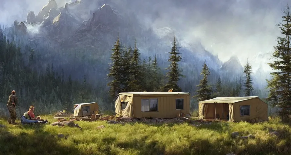 Image similar to cabela's beautiful comfortable community of modular insulated wall container home kit - house all weather military grade family dwelling tent house, person in foreground, mountainous forested wilderness open fields, beautiful views, painterly concept art, environmental concept art, concept art illustration, by james gurney, by craig mullins, by greg rutkowski trending on artstation