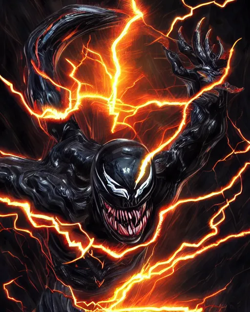 Image similar to venom as the flash, dynamic lighting, fantasy concept art, trending on art station, stunning visuals, creative, cinematic, ultra detailed, terrifying, black lightning, comic strip style