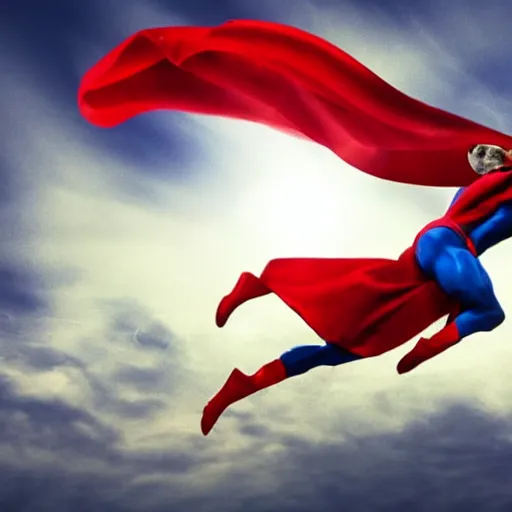 Image similar to cat with a red cape flying through the sky in a superman pose