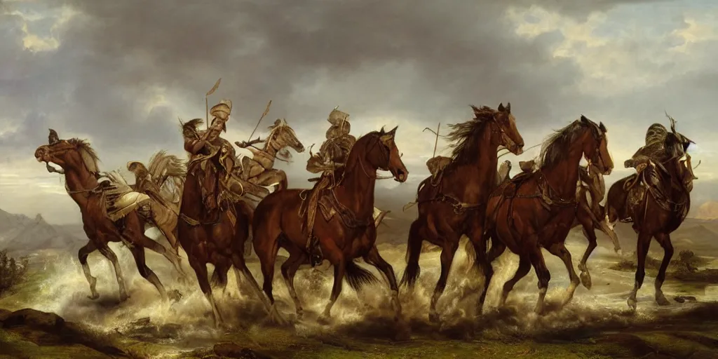 Image similar to artwork by eugene von guerard, the four horsemen
