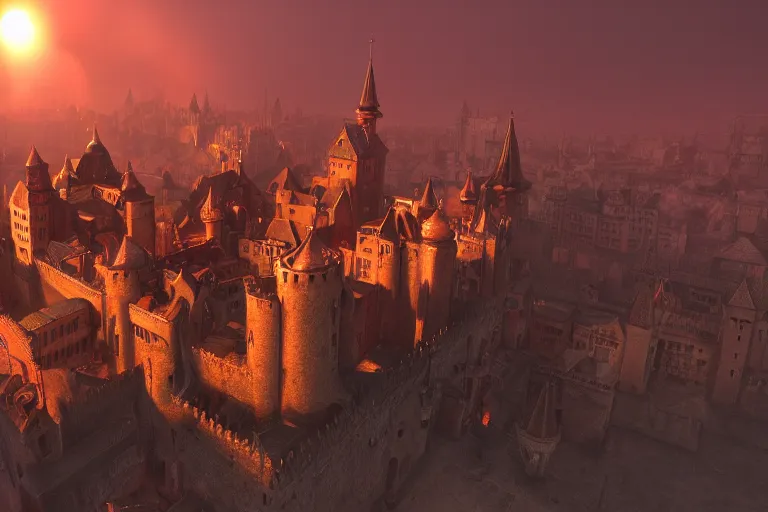 Prompt: medieval city with a huge castle in the center, red sun, top view, steampunk, mechanics, render, 8k, trending on artstation, volumetric light, lightrays, HDR, ambient occlusion, subsurface scattering, cinematic scene, steampunk style, fantasy