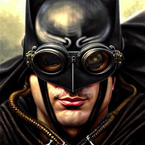 Image similar to closeup portrait shot of batman wearing steampunk goggles in a scenic dystopian environment, intricate, elegant, highly detailed, centered, digital painting, artstation, concept art, smooth, sharp focus, illustration, artgerm, tomasz alen kopera, peter mohrbacher, donato giancola, joseph christian leyendecker, wlop, boris vallejo