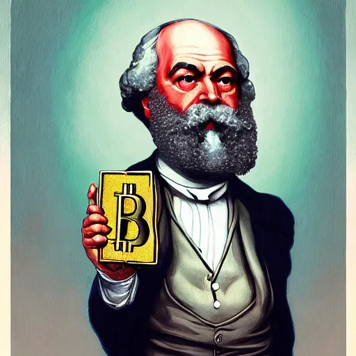 Prompt: Karl marx Holding bitcoins and dreaming about capitalism, highly detailed, very coherent, painted by Francis Bacon and Edward Hopper, Wayne Barlowe, painted by James Gilleard, surrealism, airbrush, art by JamesJean