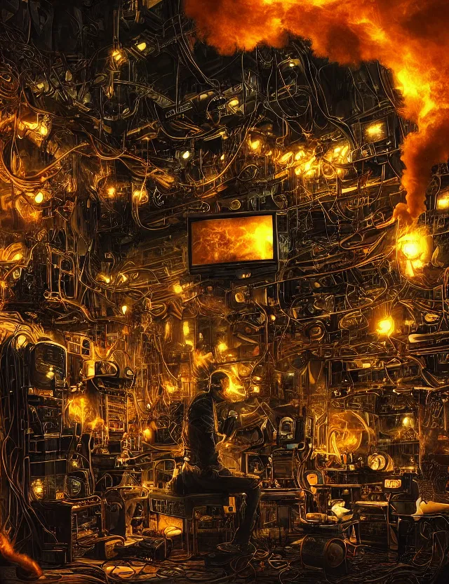 Prompt: “Artstation. A room full of electronic steampunk equipment with wires and tv screens and audio meters and voltage meters. A bright explosion and fire and smoke is coming out of a computer monitor. Man is sitting and watching it. Dark, intricate, highly detailed, smooth, in style of Mike Savad”