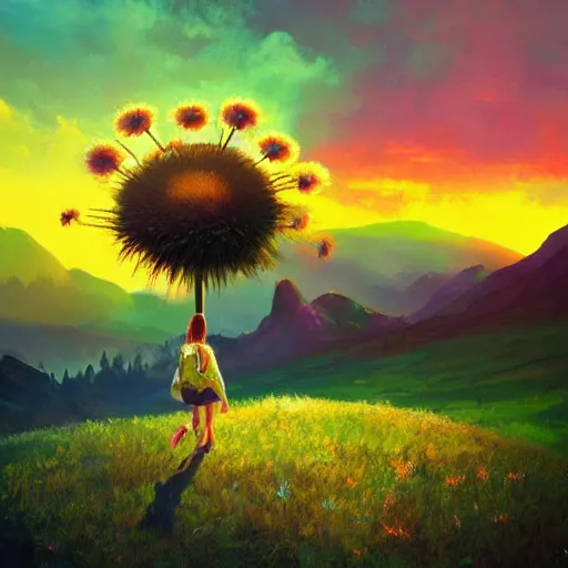 Image similar to giant daisy flower head, girl hiking in the mountains, surreal photography, sunrise, dramatic light, impressionist painting, colorful clouds, digital painting, artstation, simon stalenhag