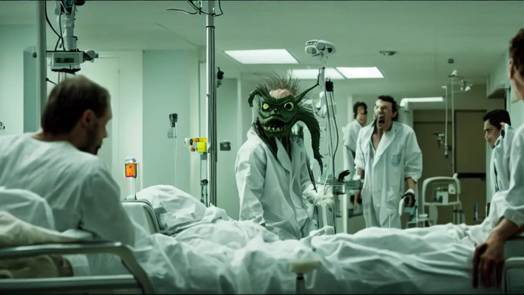 Image similar to monsters invade the hospital, film still from the movie directed by denis villeneuve and david cronenberg with art direction by salvador dali, wide lens