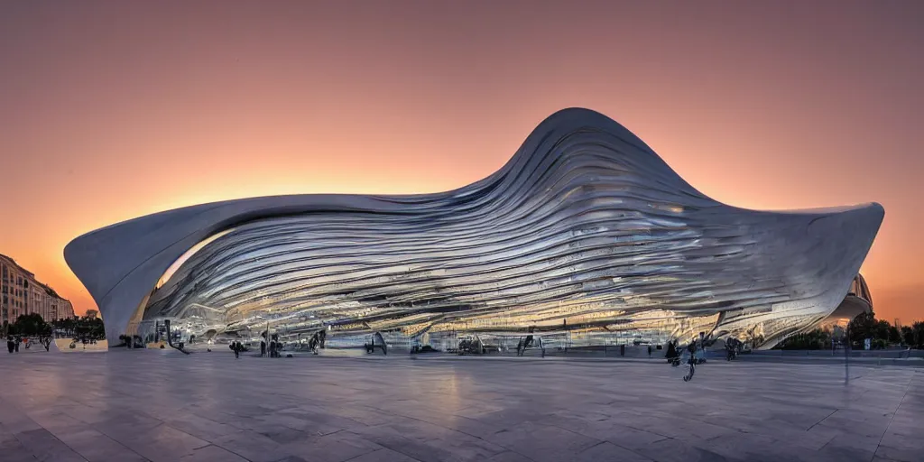 Image similar to extremely detailed ornate stunning sophisticated beautiful elegant futuristic museum exterior by Zaha Hadid, Milan buildings in the background, smooth curvilinear design, stunning volumetric light, stainless steal, concrete, translucent material, beautiful sunset, tail lights