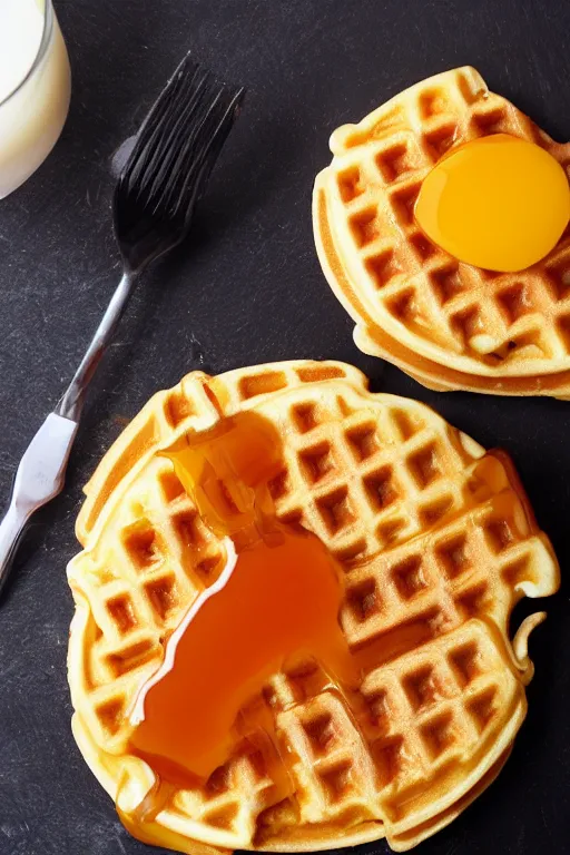 Prompt: eggo waffles and maple syrup on a black laptop computer