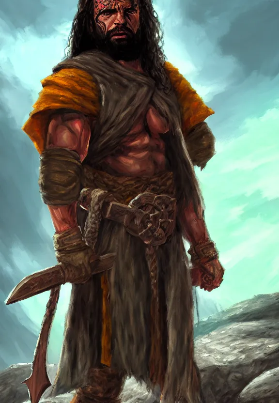 Image similar to a solitary randy savage wearing a heavy cloak with an anchor slung over his shoulder alone full body rocky desolate wasteland | portrait | fantasy impressionist acrylic painting | middle earth | pathfinder | artstation | conan | darksun | d & d dungeons and dragons | barbarian